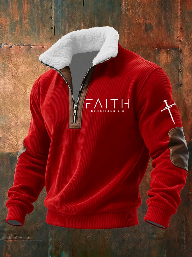 Men's Faith Print Knitted Fabric Zipper Fur Collar Long-Sleeved Sweatshirt