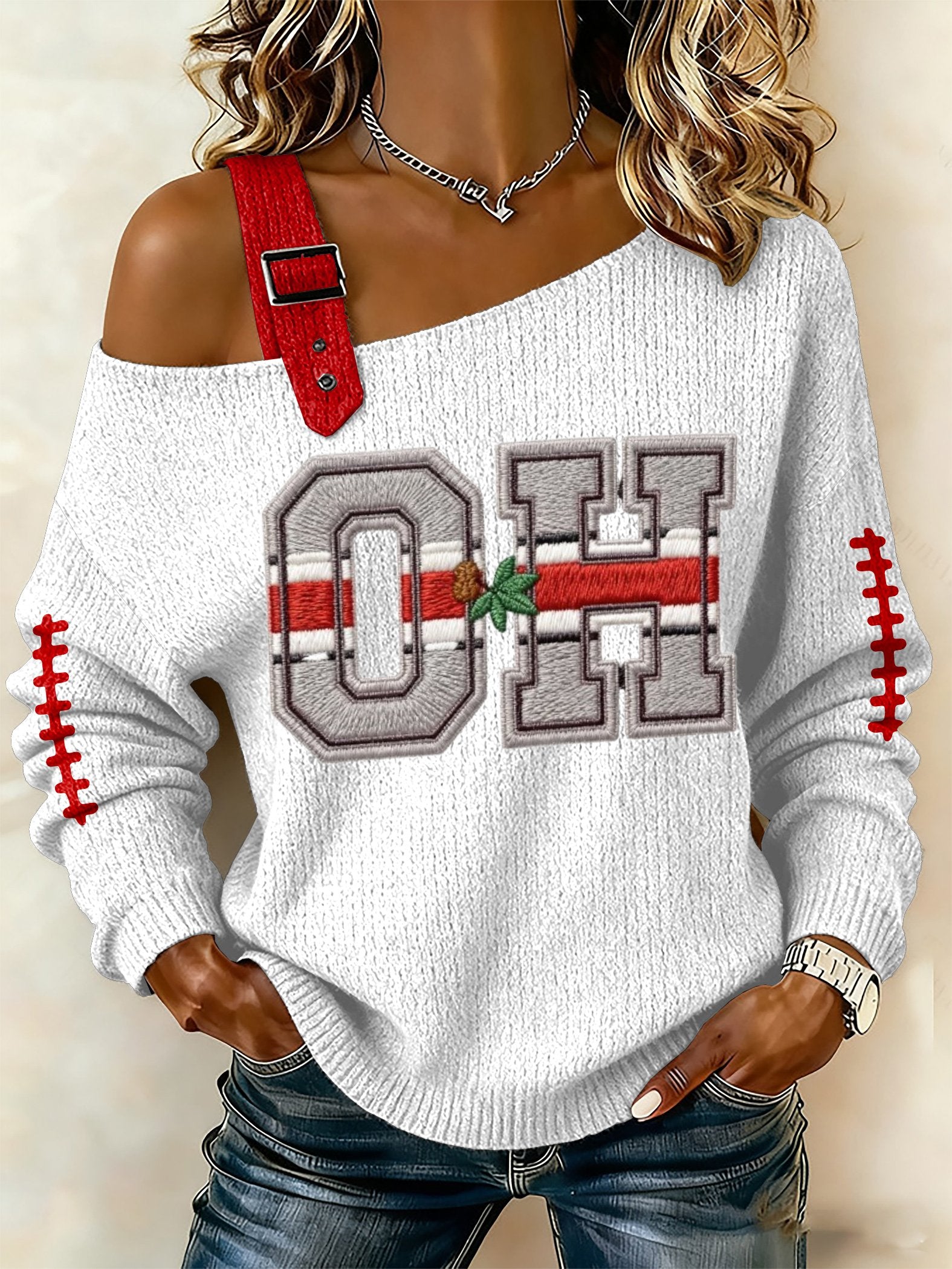 Women's football casual printed off-shoulder knit top