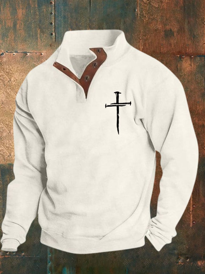 🔥Buy 3 Get 15% Off🔥Men's Faith Cross Printed Stand Collar Button Sweatshirt