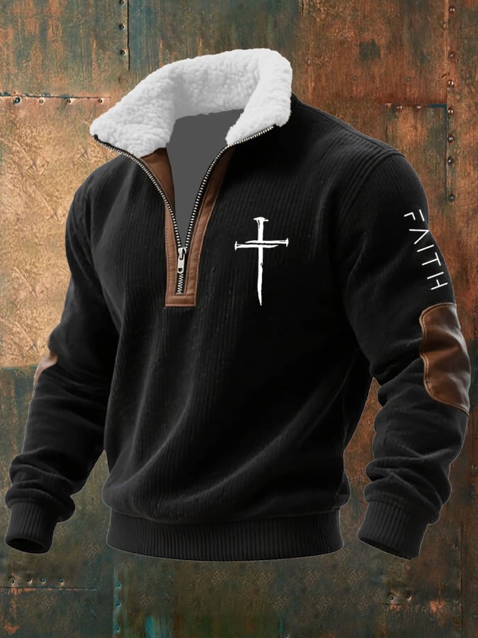 🔥Buy 3 Get 15% Off🔥Men's Classic Faith Cross Print Fur Collar Sweatshirt