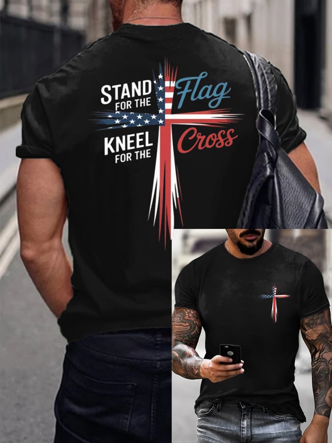 🔥Buy 3 Get 15% Off🔥🔥Hot Sale Picks 🔥Men's Stand For Flag Kneel For The Cross Print T-Shirt