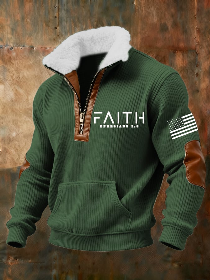 Men's Retro Faith Cross Print Zipper Fur Collar Long Sleeve Sweatshirt