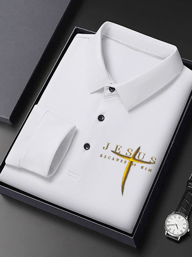 🔥Buy 3 Get 15% Off🔥Men's Vintage Faith “Jesus Because Of Him” Long Sleeves Polo Shirt