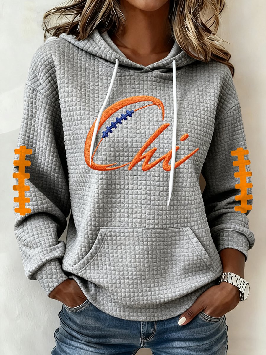 Women's Football Print Waffle Fabric Hooded Sweatshirt