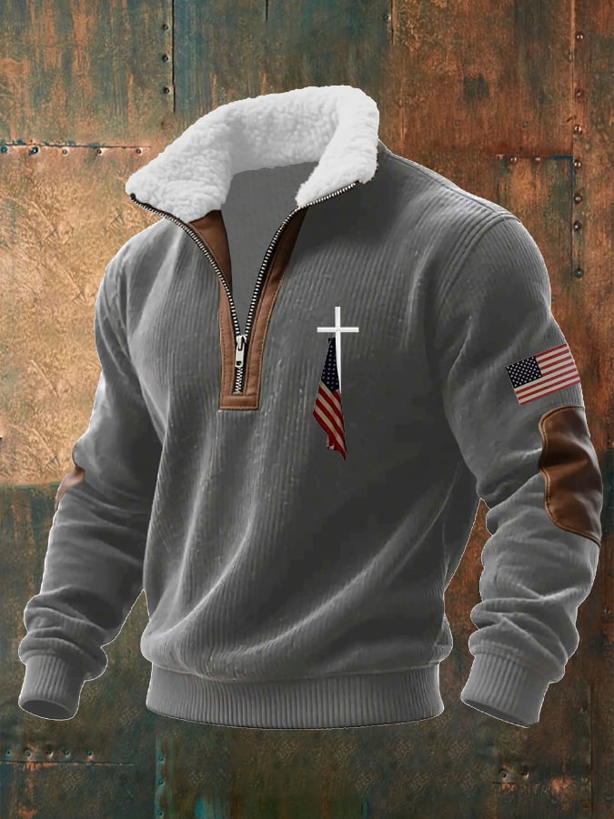 Men's Faith Print Knitted Fabric Zipper Fur Collar Long-Sleeved Sweatshirt