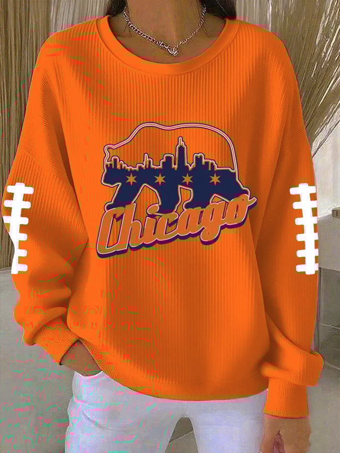 Women's Rugby Print Knit Crew Neck Long-Sleeved Top