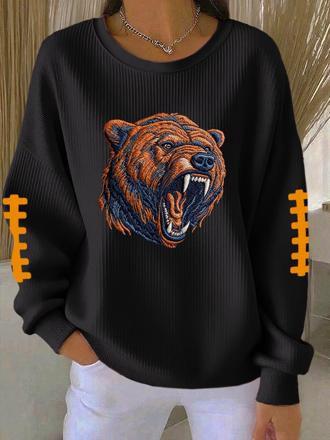 Women's Football Print Knit Crew Neck Long Sleeve Top