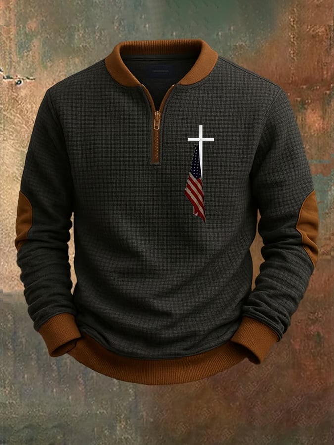 Men's Cross Flag Print Design Jacquard Fabric Zipper Stand Collar Sweatshirt