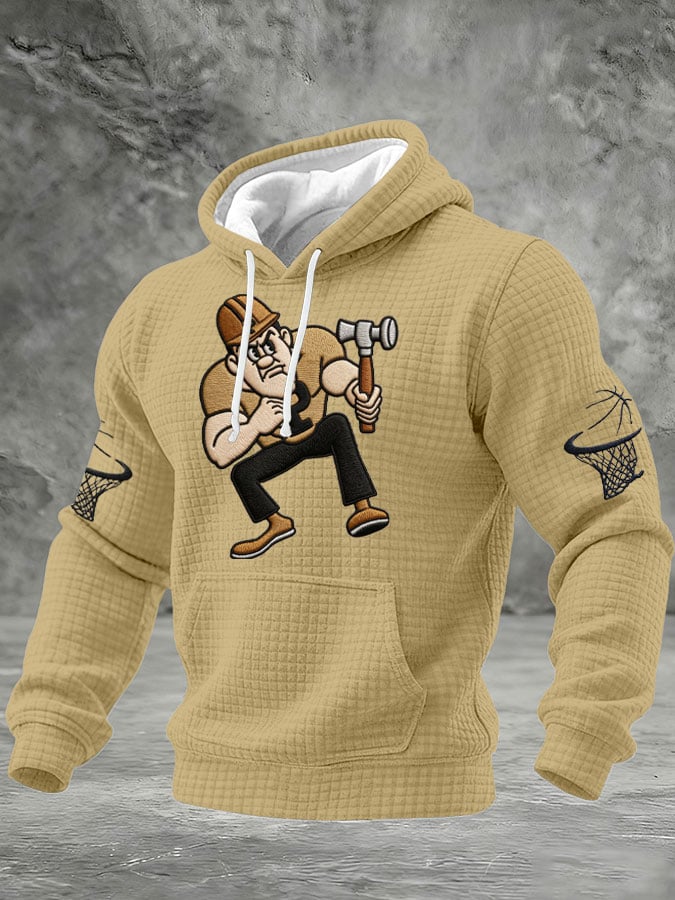 Men's Basketball Print Checkered Fabric Hooded Sweatshirt