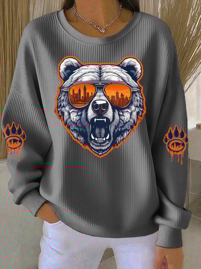 Women's Football Print Knitted Crew Neck Long Sleeve Top