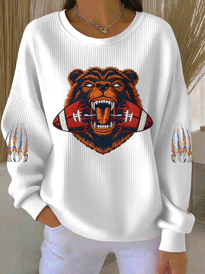 Women's Football Print Knit Crew Neck Long Sleeve Top