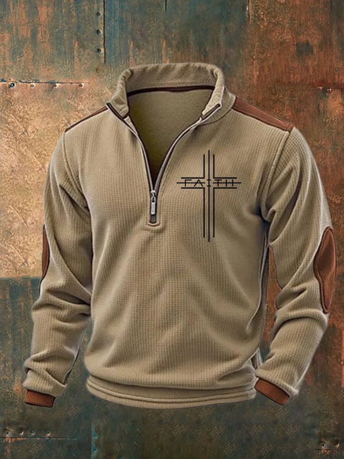 Men's Faith Cross Printed Zipper Stand Collar Sweatshirt