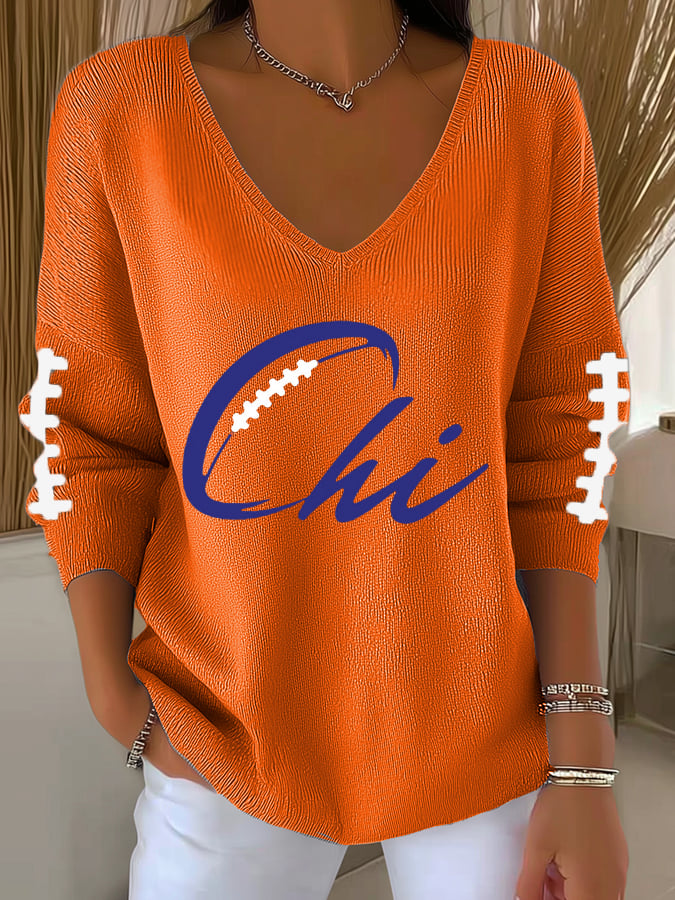 Women's Football Print V-Neck Casual Knitted Sweater