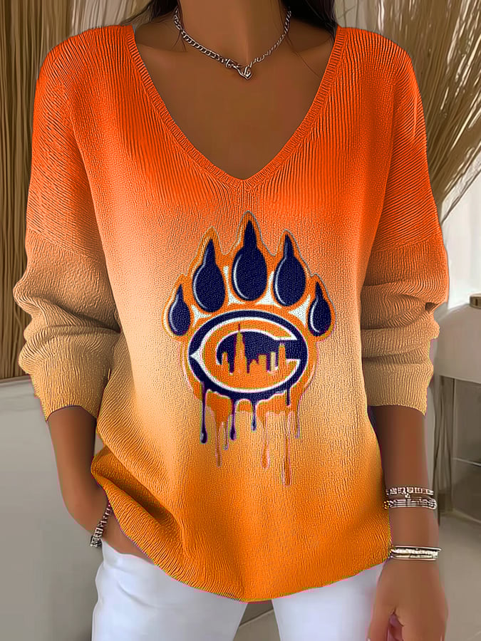 Women's Football Print V-Neck Casual Knitted Sweater