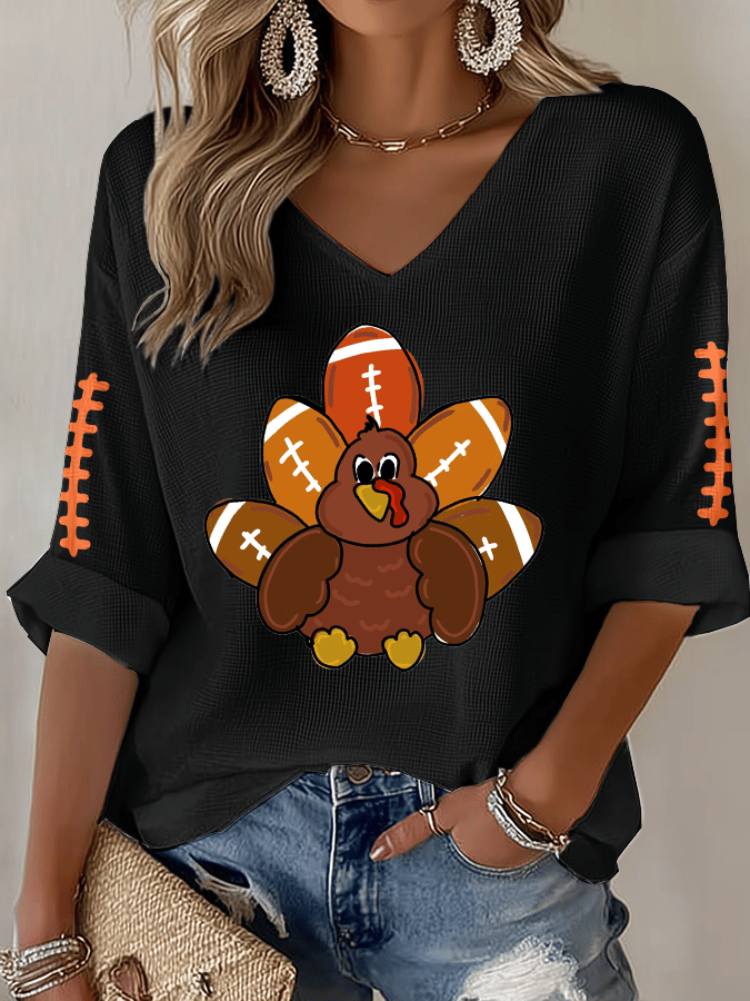 Women's Football Print Waffle Long Sleeve T-Shirt