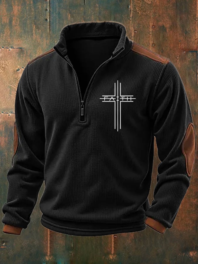 Men's Faith Cross Printed Zipper Stand Collar Sweatshirt