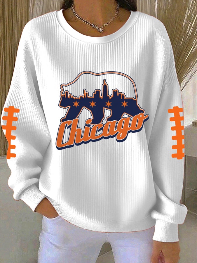 Women's Rugby Print Knit Crew Neck Long-Sleeved Top