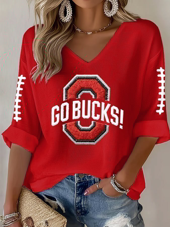 Women's Football Print Waffle Long Sleeve T-Shirt