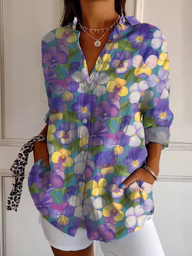 Women's Art Purple Pansy Floral Print Shirt