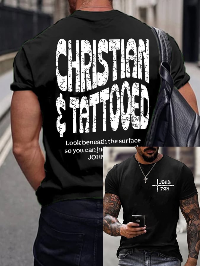 🔥Buy 3 Get 15% Off🔥Men'S Casual John 7:24 Christian and Tattooed Print Short Sleeve T-Shirt