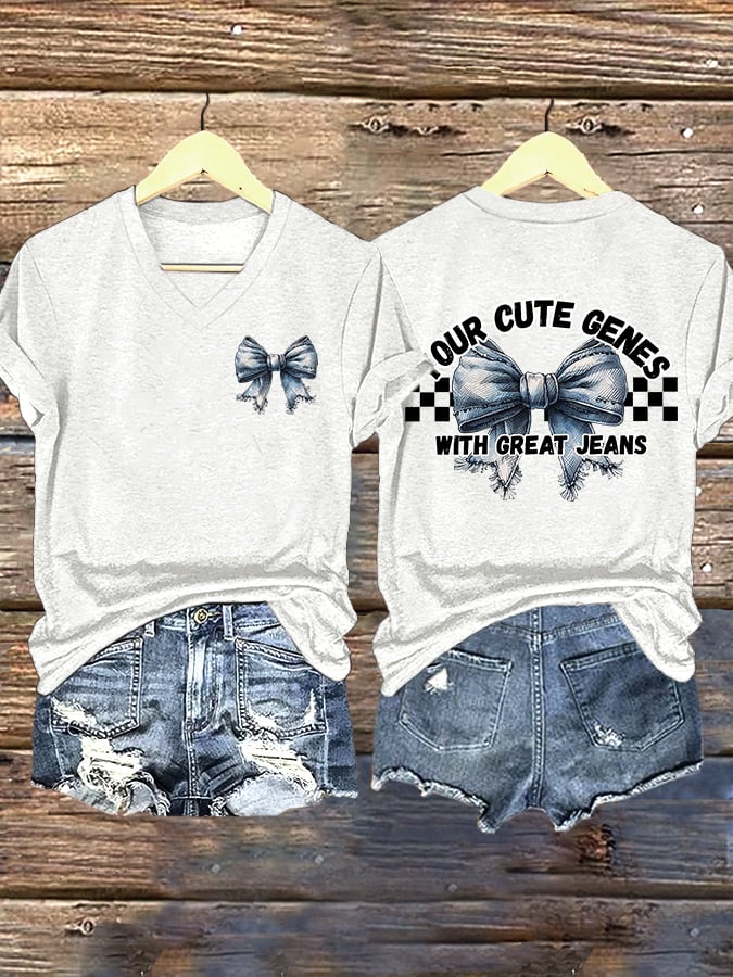 V-Neck Retro Your Cute Genes With Great Jeans Print T-Shirt