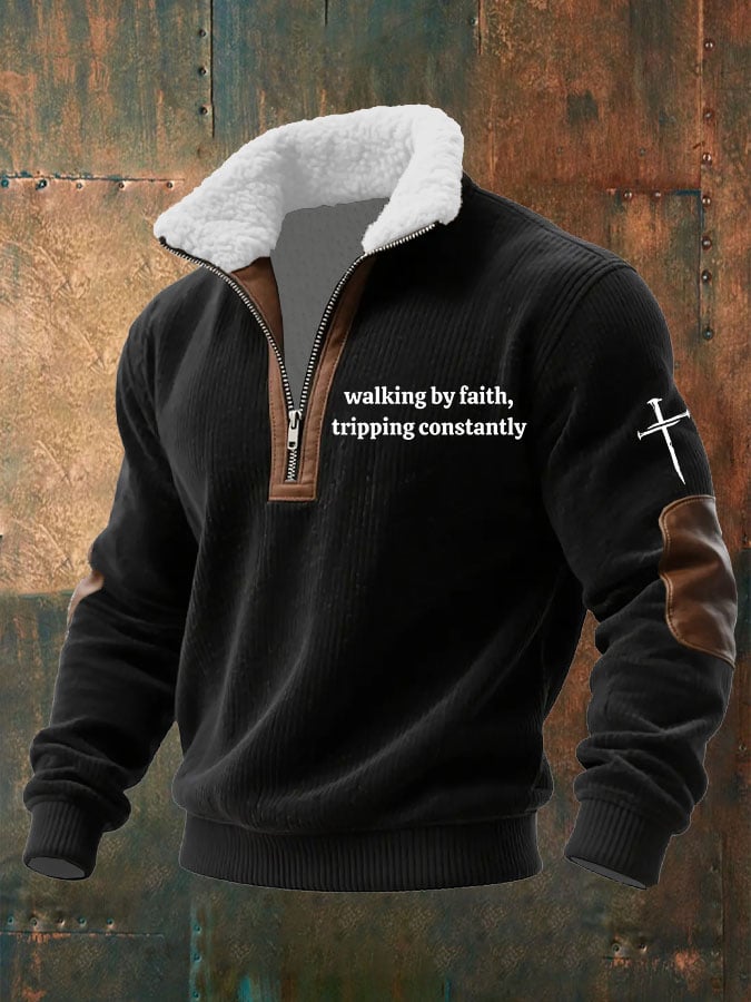 Men's Walking by Faith Tripping Constantly Printed Knitted Fabric Zipper Fur Collar Sweatshirt