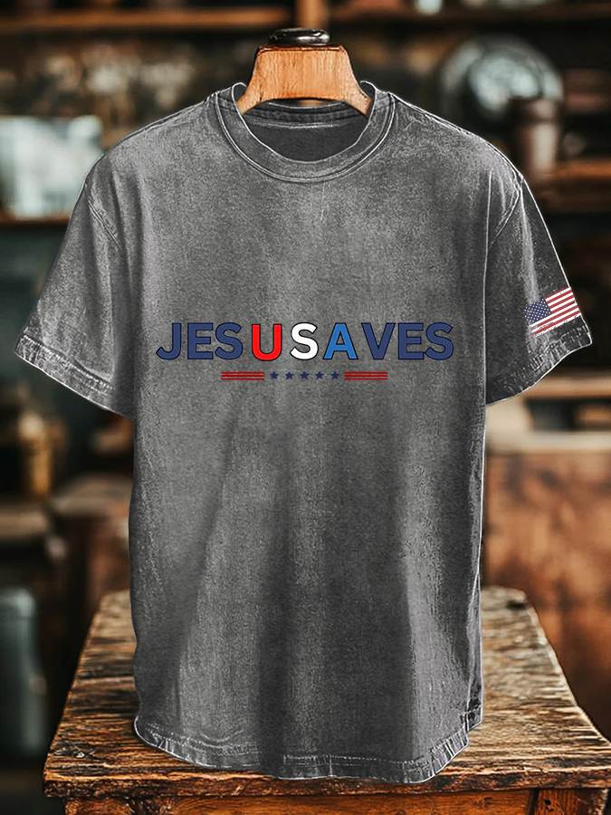 🔥Buy 3 Get 15% Off🔥Men's Vintage USA Jesus Saves Printed Round Neck T-Shirt