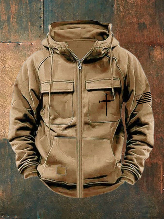 Men's Vintage Faith Cross Print Multi-Pocket Jacket