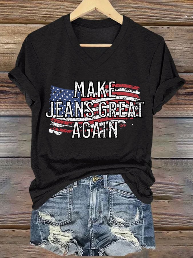 V-Neck Retro Make Jeans Great Again Print T-Shirt