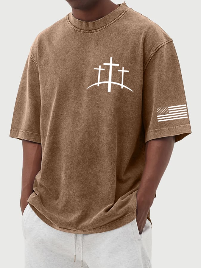 🔥Buy 3 Get 15% Off🔥Men's Flag Faith Cross Printed Cotton Washed T-Shirt