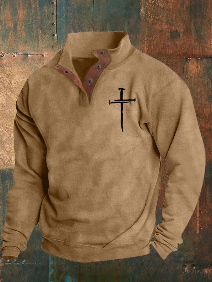 🔥Buy 3 Get 15% Off🔥Men's Faith Cross Printed Stand Collar Button Sweatshirt
