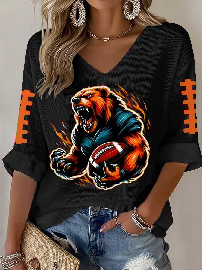 Women's Football Print Waffle Long Sleeve T-Shirt