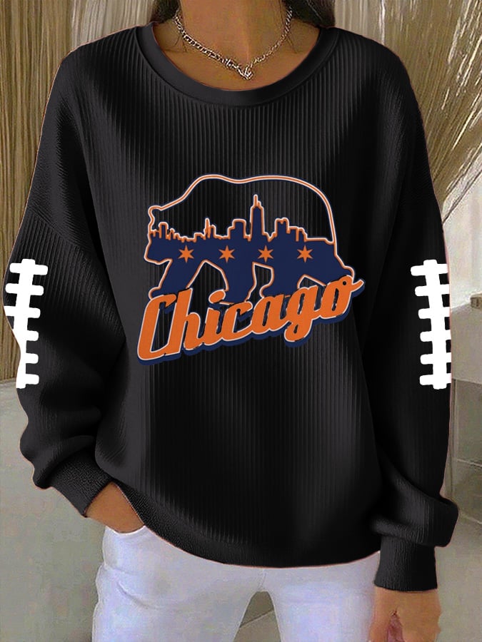 Women's Rugby Print Knit Crew Neck Long-Sleeved Top