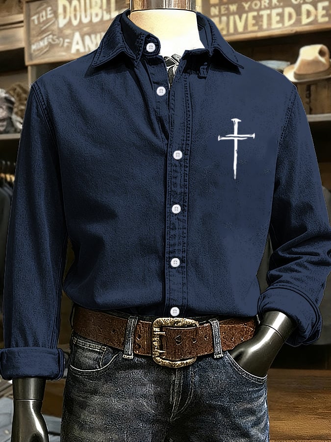 🔥Buy 3 Get 15% Off🔥Men's Vintage Faith Cross Design Printed Long Sleeve Casual Shirt