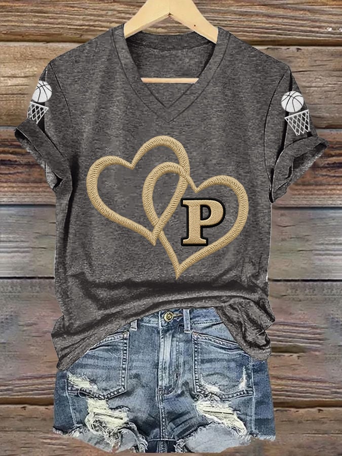 Women's Basketball Print V Neck T-shirt