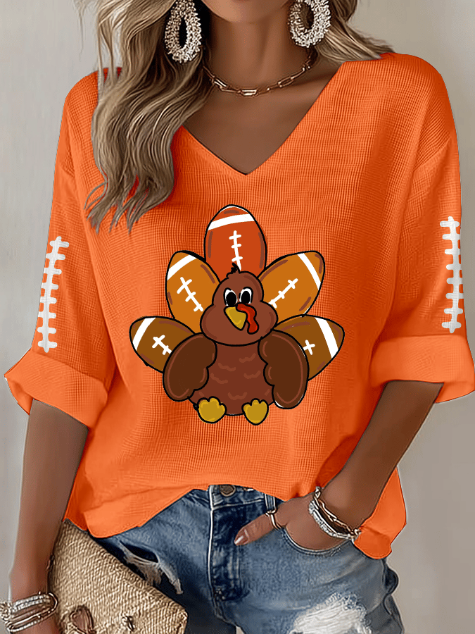 Women's Football Print Waffle Long Sleeve T-Shirt