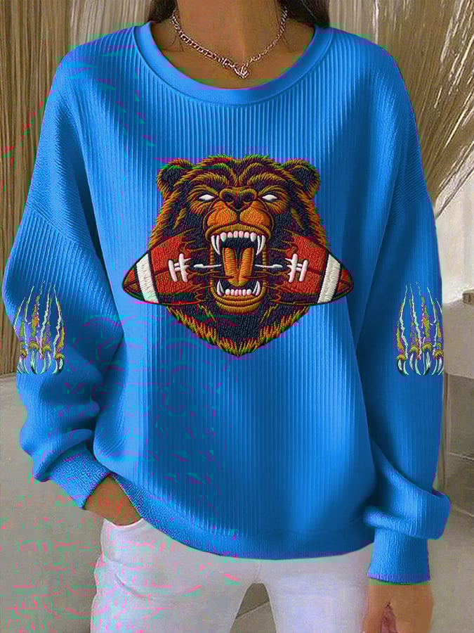 Women's Football Print Knit Crew Neck Long Sleeve Top