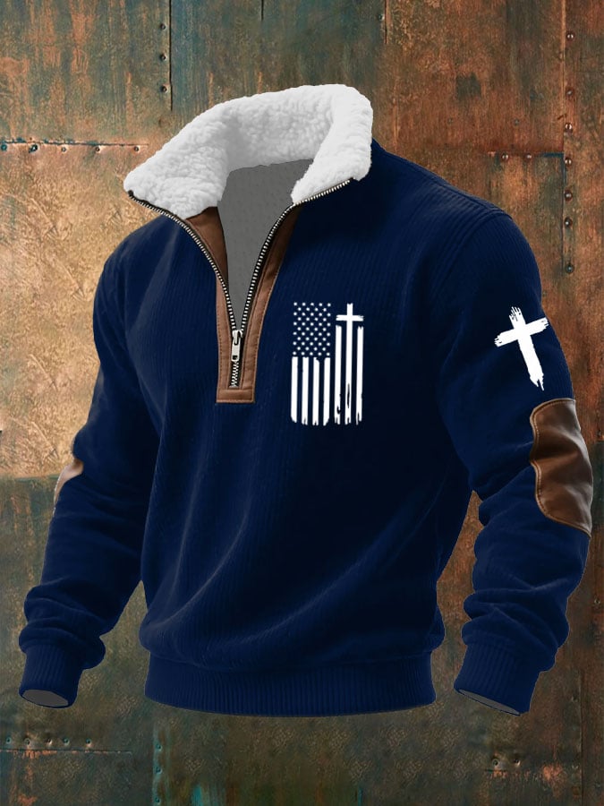 Men's Flag Cross Printed Knitted Fabric Zipper Fur Collar Sweatshirt