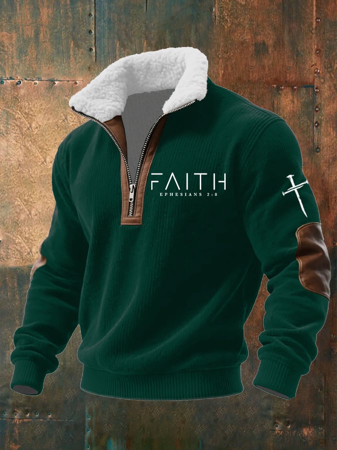 Men's Faith Print Knitted Fabric Zipper Fur Collar Long-Sleeved Sweatshirt