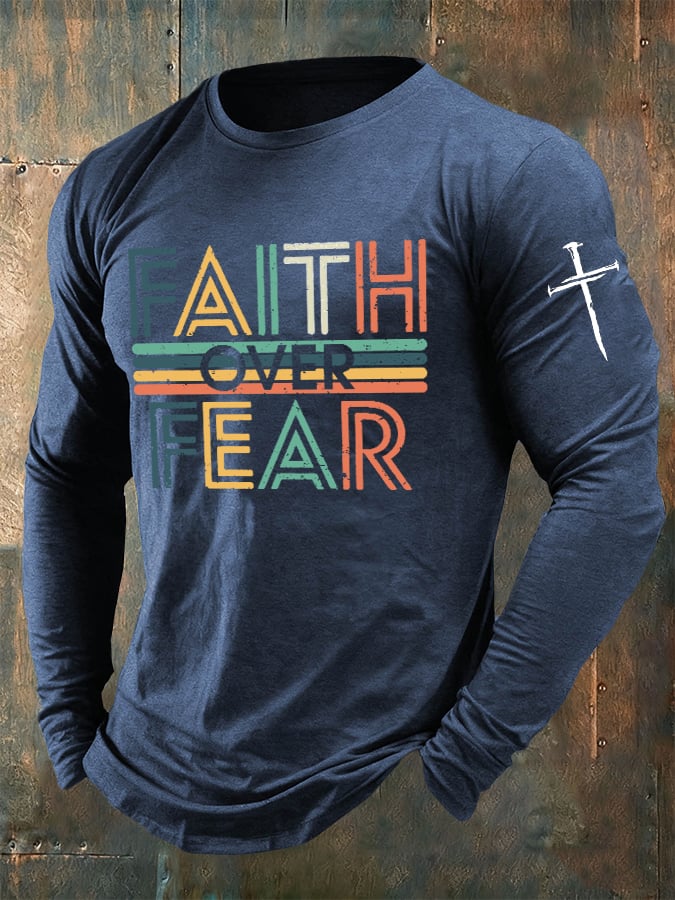 🔥Buy 3 Get 15% Off🔥Men's casual long-sleeved faith overcomes fear printed long-sleeved T-shirt