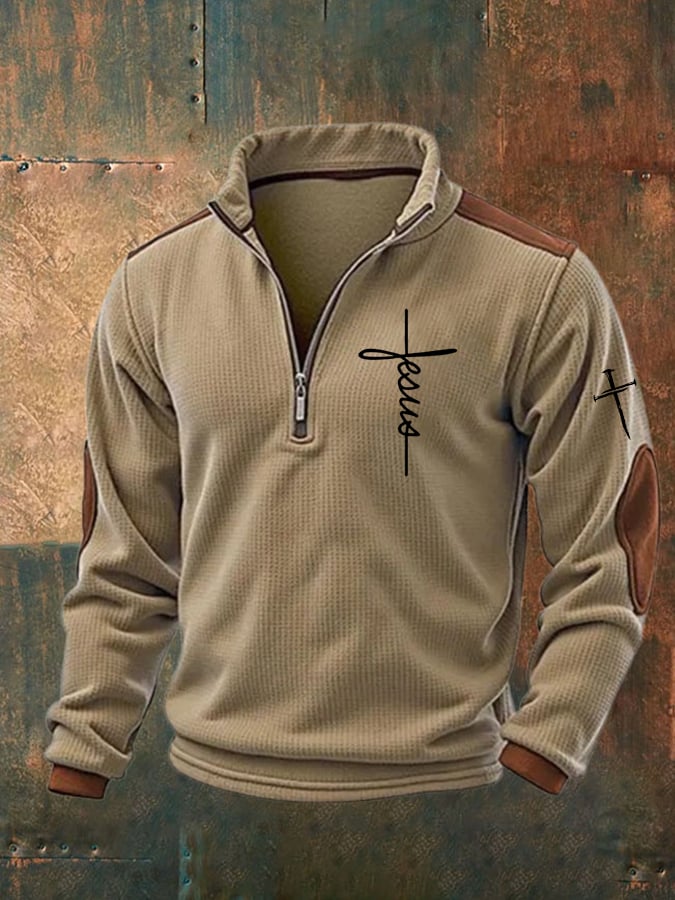 Men's Jesus Cross Print Zipper Stand Collar Sweatshirt