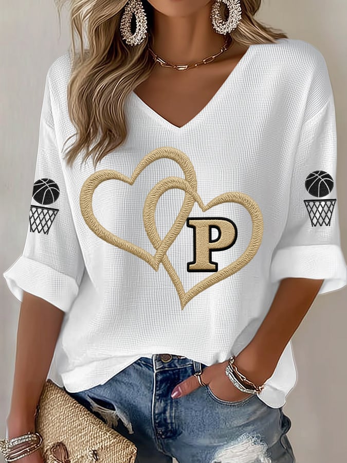 Women's Basketball Print V Neck T-shirt