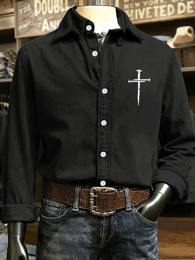 🔥Buy 3 Get 15% Off🔥Men's Vintage Faith Cross Design Printed Long Sleeve Casual Shirt
